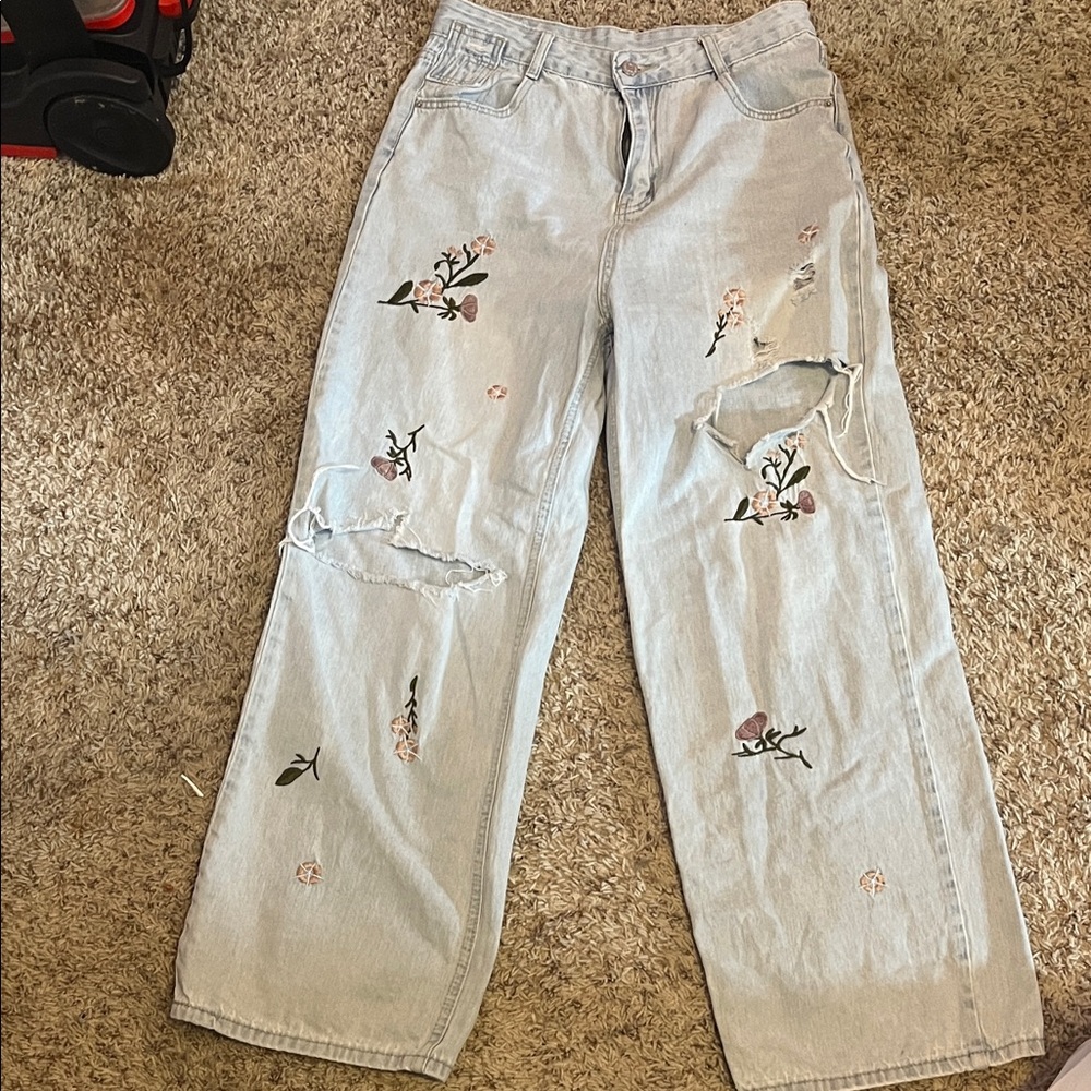 Floral Embroidered Wide Leg Light Blue Jeans